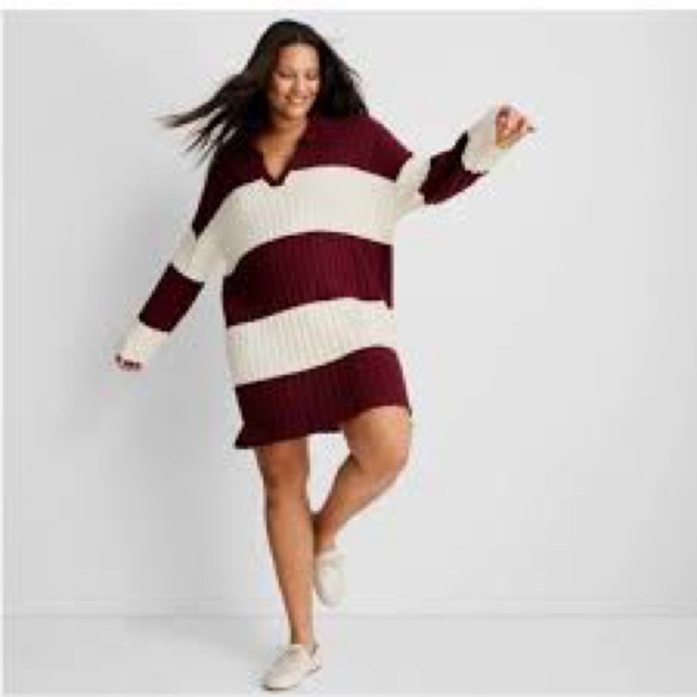 Burgundy and Cream Striped Knit Dress